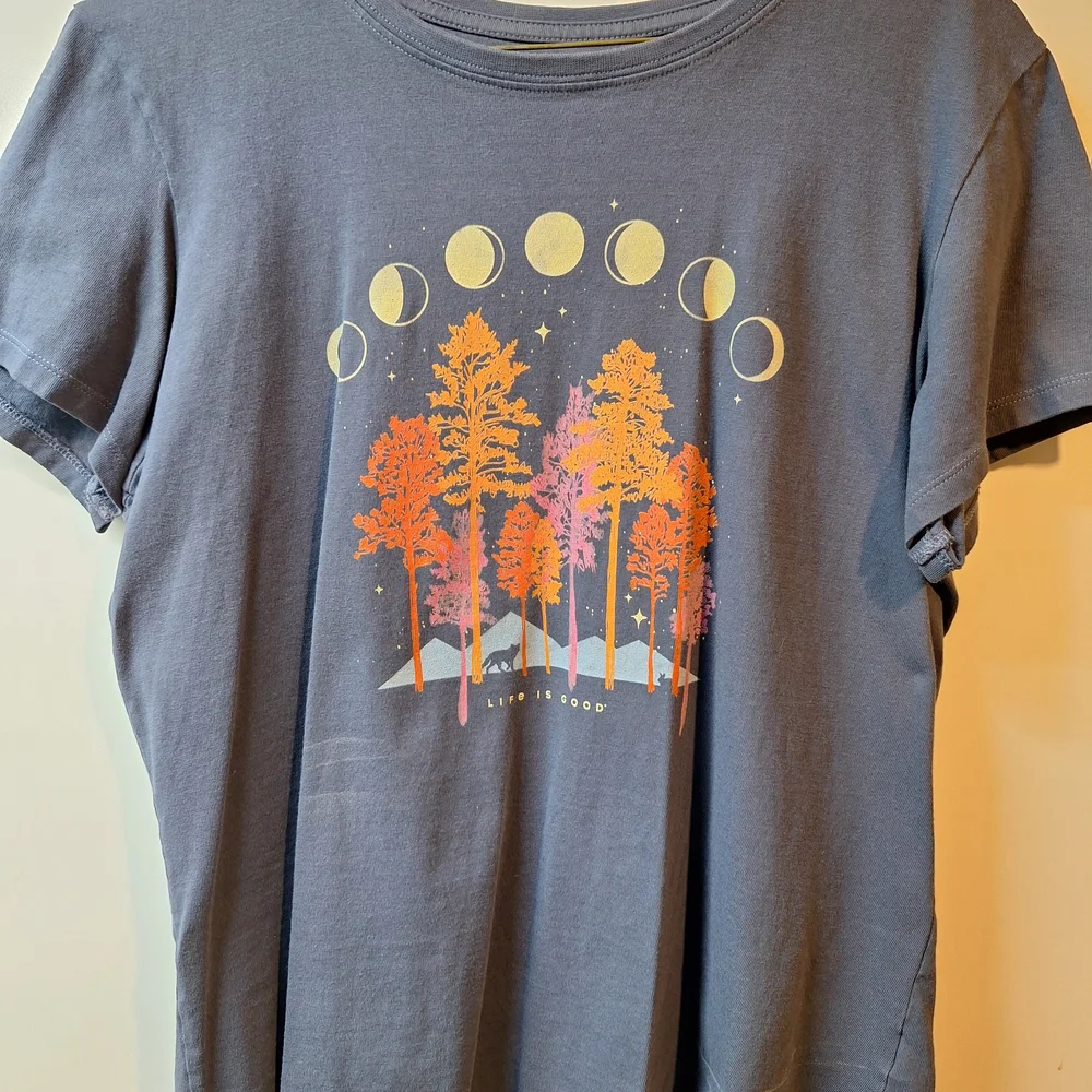 Life Is Good Womens Tee with Moon and Trees Design - Navy Blue - Picture 1 of 3